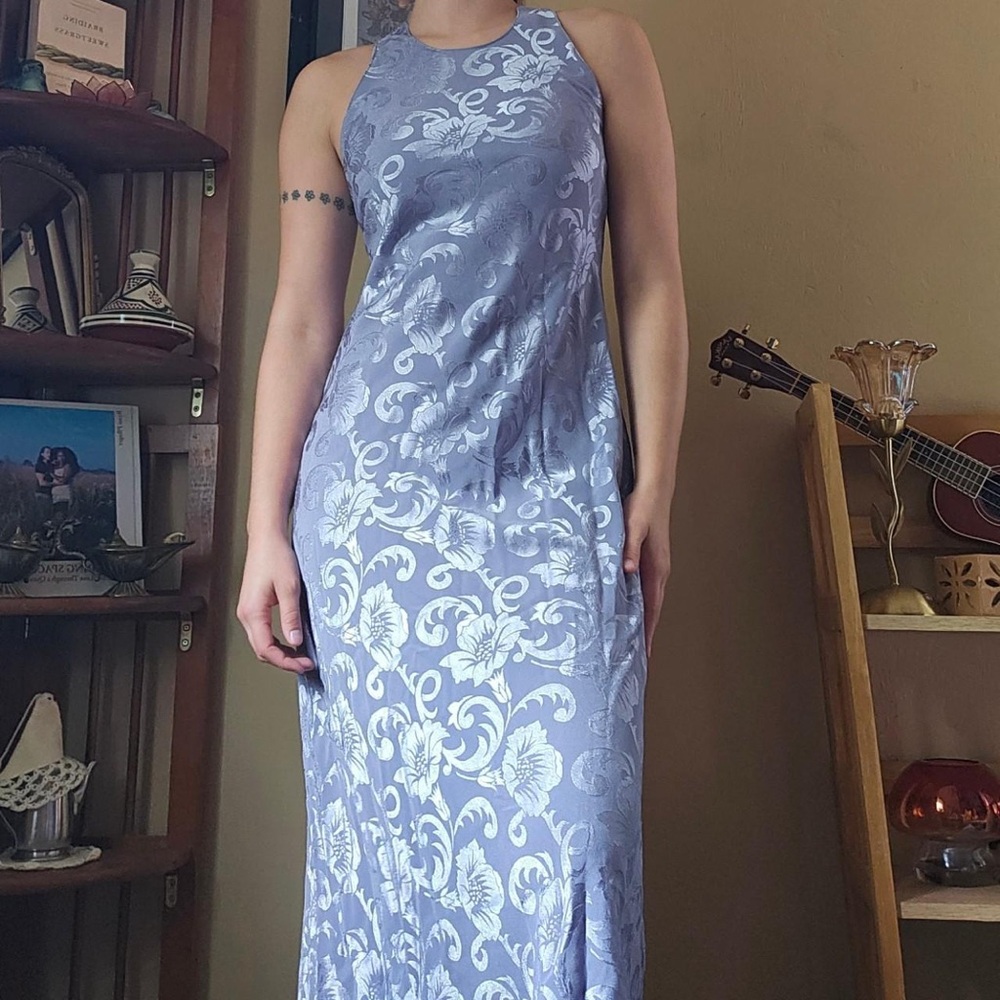 B. Smart Lavender Jacquard Halter Maxi Dress with Floral Motif